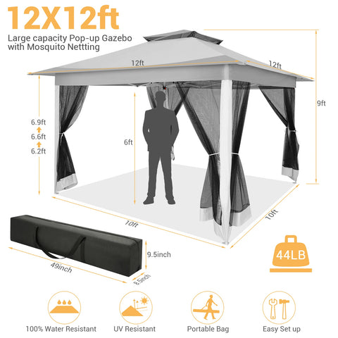 12x12ft Pop-Up Gazebo Tent with Mosquito Netting